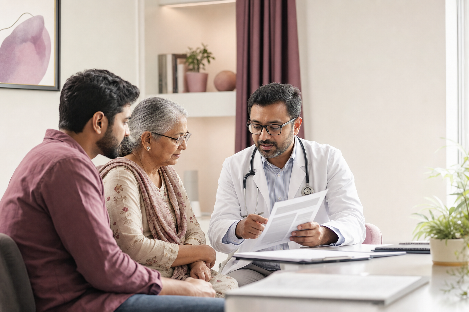 Doctor explaining a diagnostic report to a patient and family member