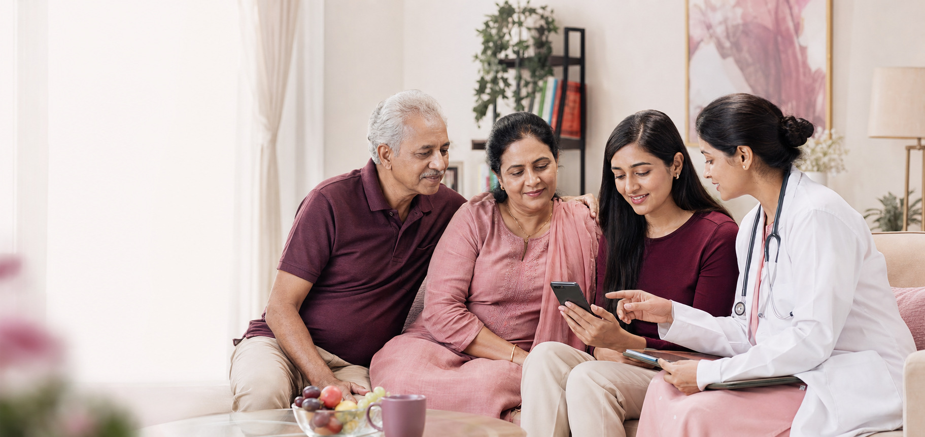 Indian family reviewing health information with a doctor at home